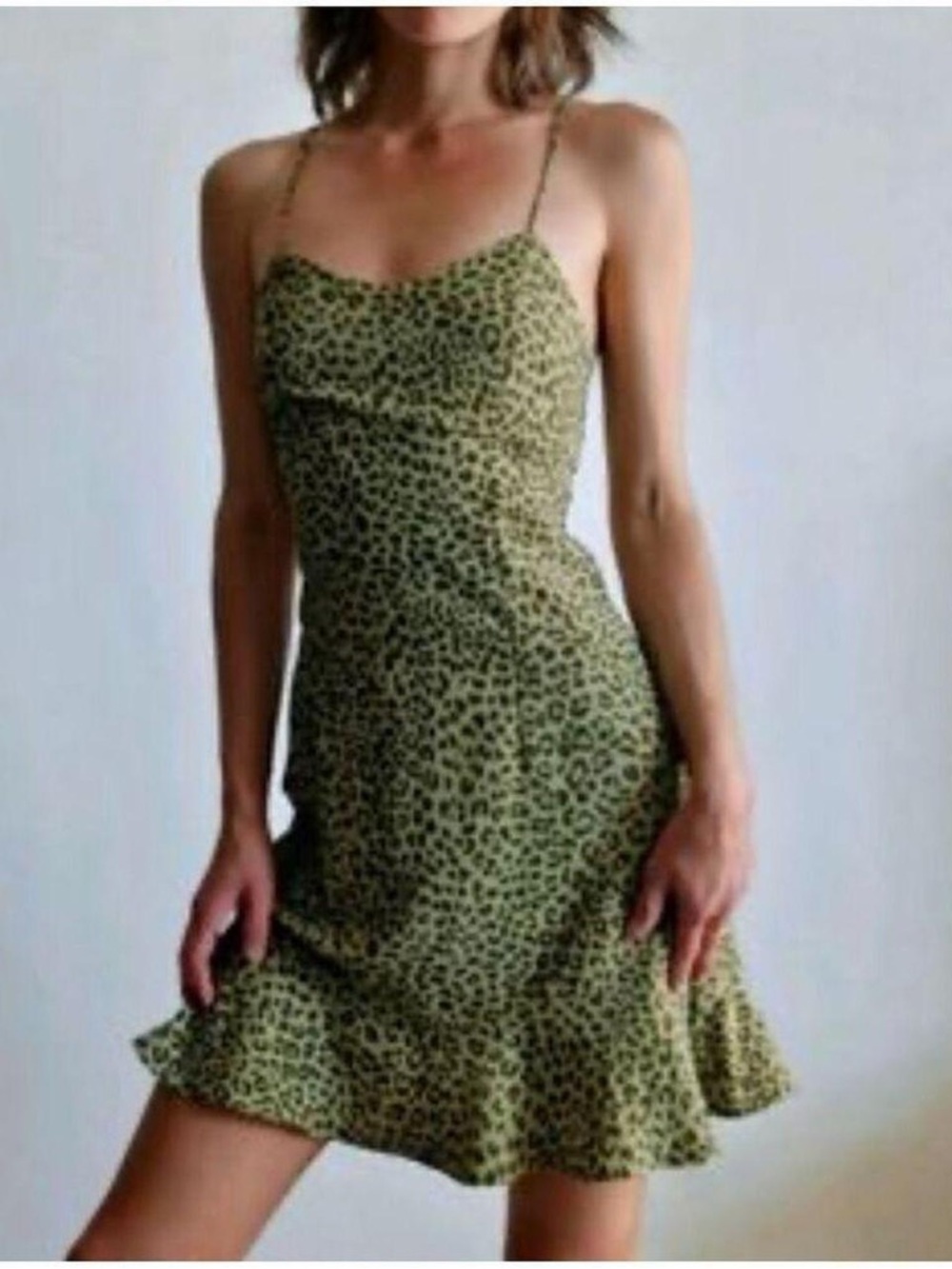 Zara Olive Green Leopard Slip Dress with Ruffle Hem